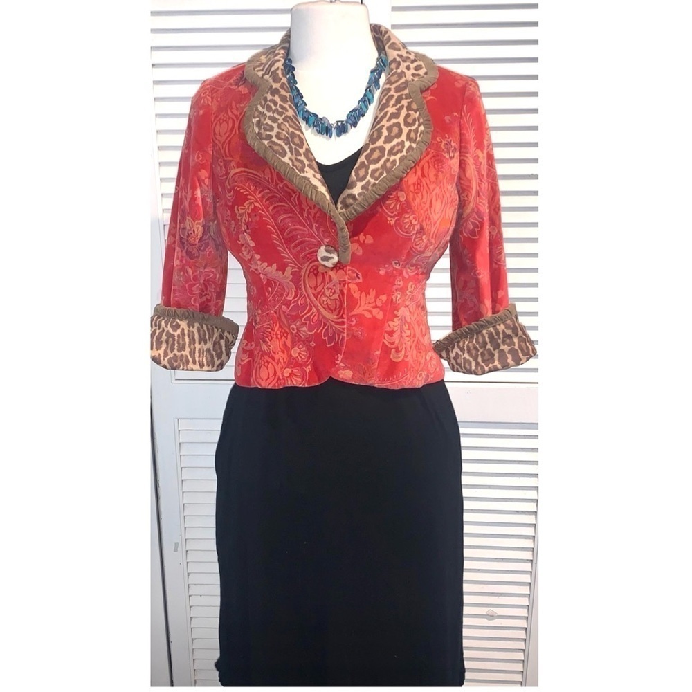 Vintage velvety blazer animal leopard print velour flare sleeve cropped coat XS